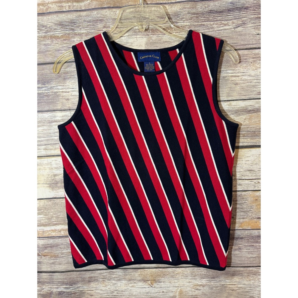 Charter Club Sleeveless Knit Top S Small Navy Red White Diagonal Stripe Nautical